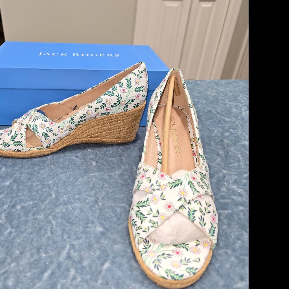Jack Rogers Women's 9M Palmer Criss-Cross Wedge Espadrille - White w/Flowers-NWB